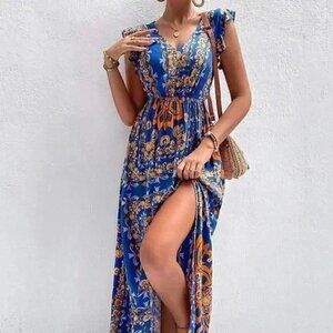Navy Blue Casual Womens Scarf Print Ruffle Trim Split Thigh Dress Withou…